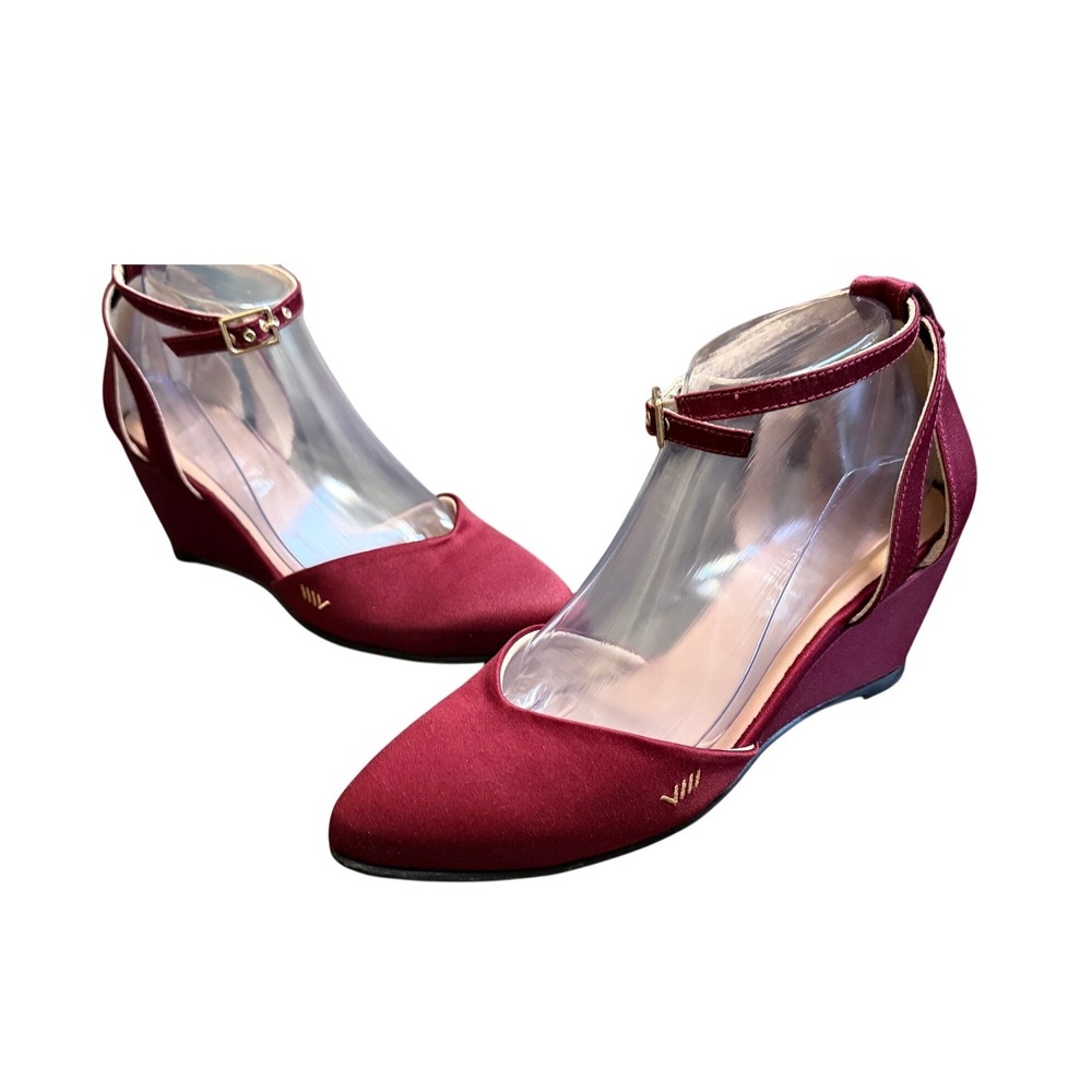 Viscata Barcelona Tivoli Satin Silk Wedge Pumps Burgundy Pointed Toe Size 39 8